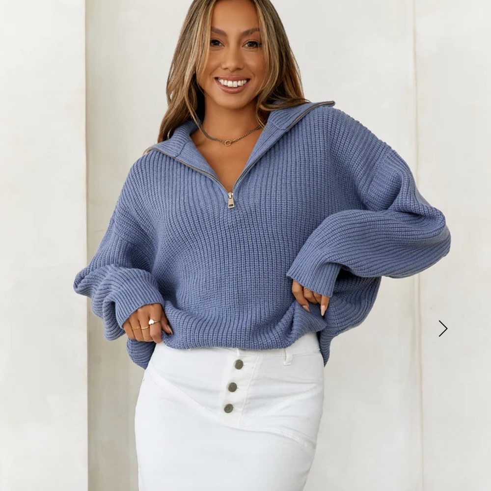 HELLO MOLLY SNOWFALL KNITTED HALF ZIP SWEATER BLUE SMALL $65